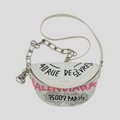 CLB XXIII white leather Balenciaga XS Souvenir belt bag with black and pink graffiti print and silver chain strap.