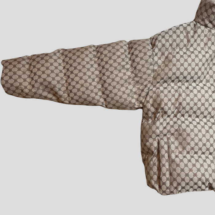 CLB XXIII Balenciaga X Gucci brown monogram puffer coat with quilted polyester blend fabric and high collar