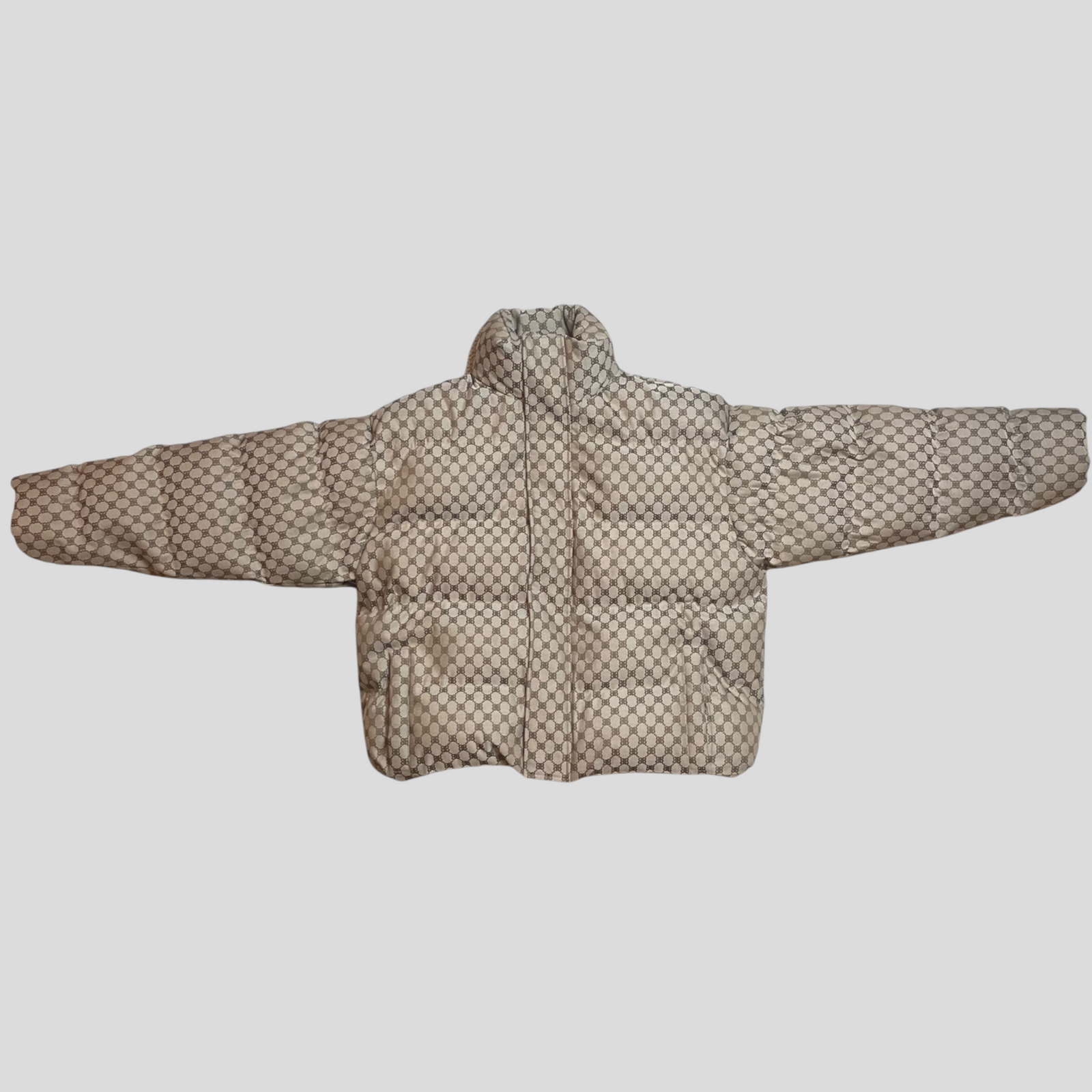 CLB XXIII Balenciaga X Gucci brown monogram puffer coat with high collar and quilted design