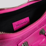 CLB XXIII Balenciaga Le Cagole XS shoulder bag in bright pink crocodile-embossed leather with silver hardware