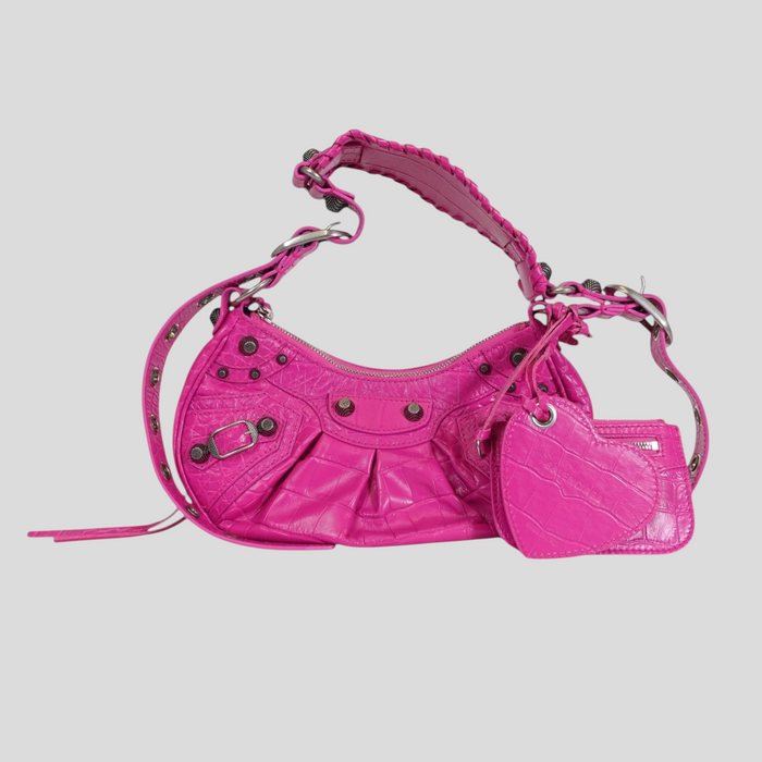 CLB XXIII Balenciaga Le Cagole XS shoulder bag in bright pink crocodile-embossed leather with heart-shaped coin purse