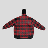 CLB XXIII Balenciaga AW16 triple layered jacket in red and black plaid with a black hood, back view.