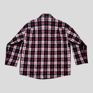 CLB XXIII Balenciaga quilted jacket in a black, red, and white plaid wool-blend fabric, back view.