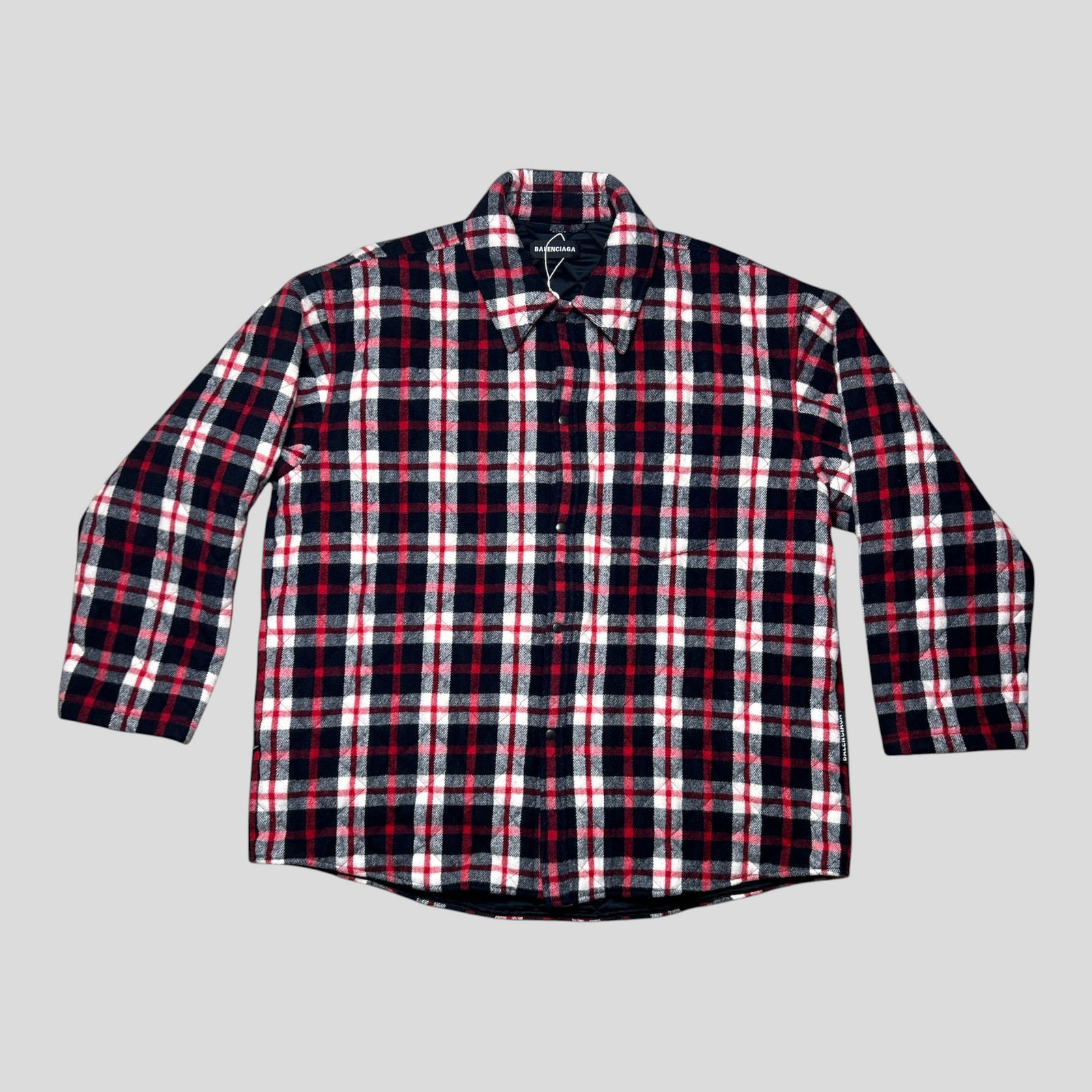 CLB XXIII Balenciaga quilted plaid jacket in black, red, and white virgin wool blend with a classic collar