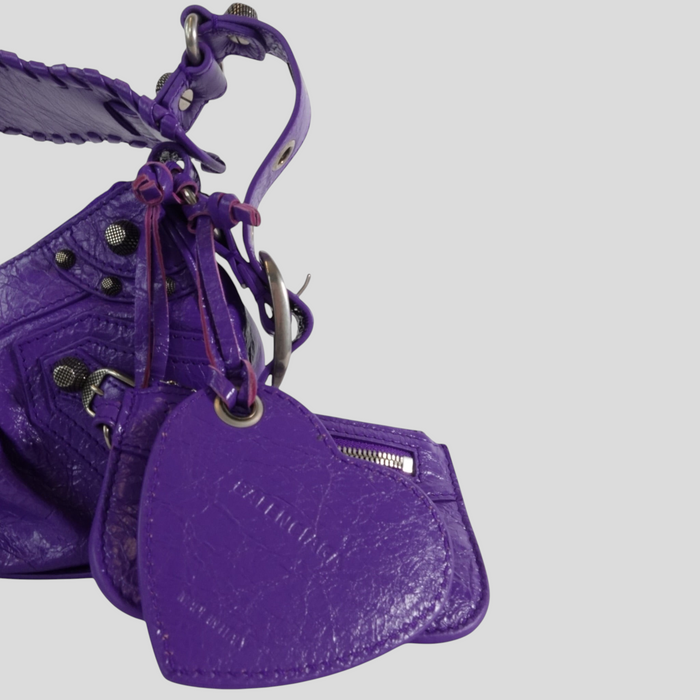 CLB XXIII Balenciaga Le Cagole XS shoulder bag in purple leather with heart-shaped mirror and silver-tone hardware