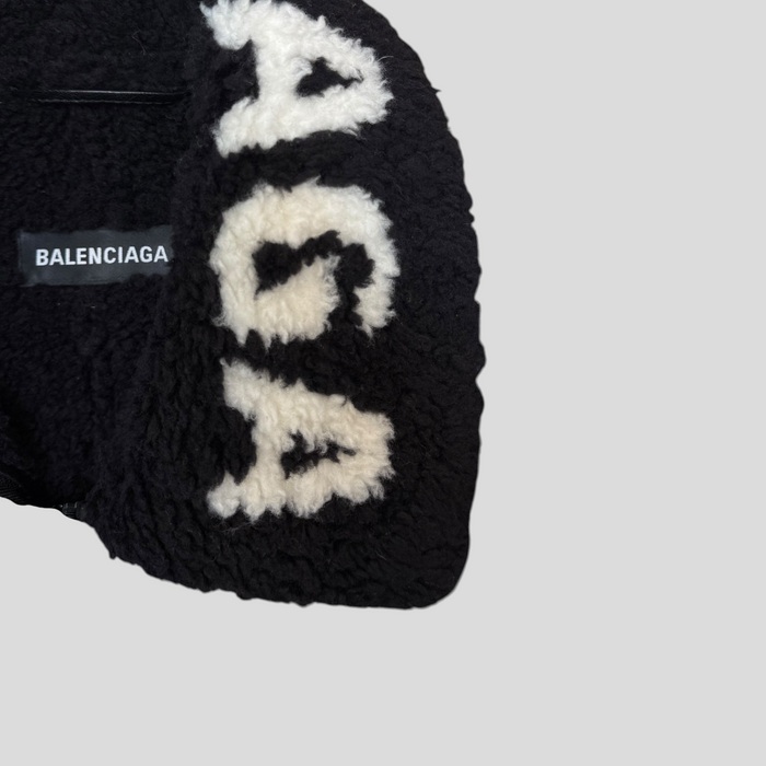 CLB XXIII Balenciaga Cocoon Aviator jacket in black and white textured shearling with prominent logo detail