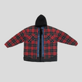CLB XXIII Balenciaga AW16 triple layered jacket in red plaid cotton, blue denim, and black nylon with a hood.