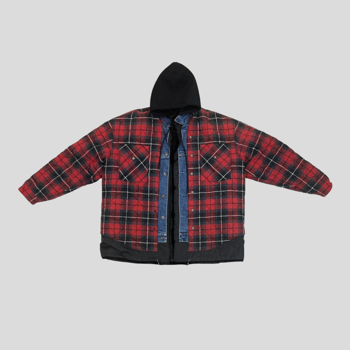 CLB XXIII Balenciaga AW16 triple layered jacket in red plaid cotton, blue denim, and black nylon with a hood.