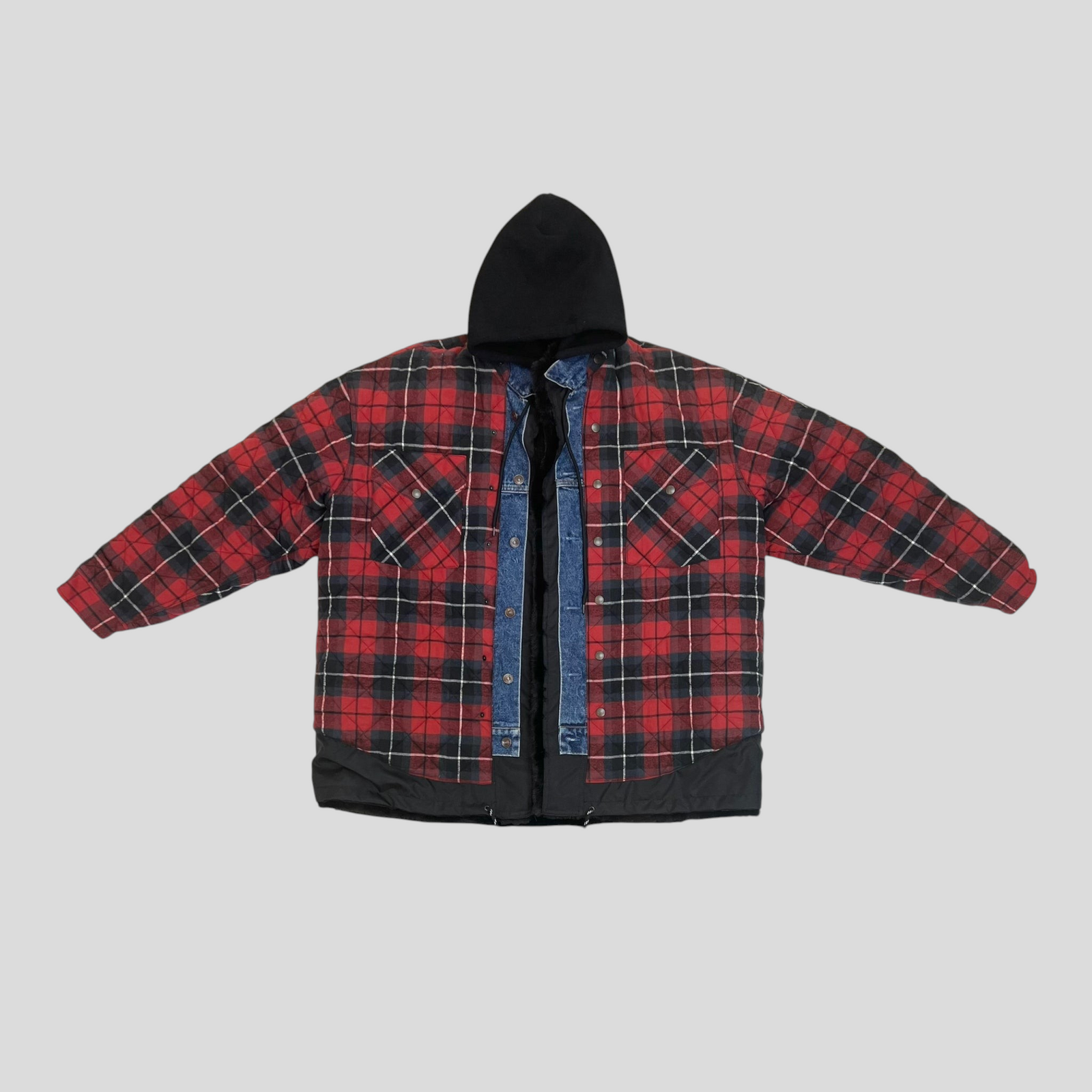 CLB XXIII Balenciaga AW16 triple layered jacket in red plaid cotton, blue denim, and black nylon with a hood.
