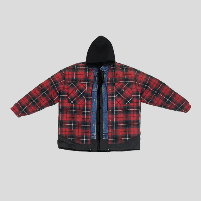 CLB XXIII Balenciaga AW16 triple layered jacket in red plaid, denim, and black nylon with an attached hood.