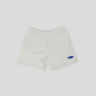 CLB XXIII Balenciaga white cotton relaxed shorts with a blue wet brush graphic detail on the leg