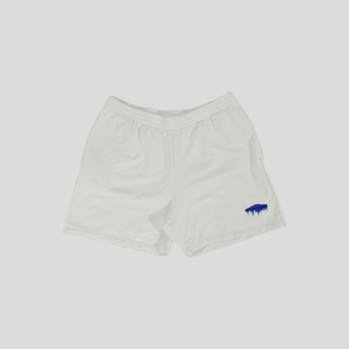 CLB XXIII Balenciaga white cotton relaxed shorts with a blue wet brush graphic detail on the leg