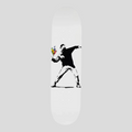 CLB XXIII Banksy x Medicom Flower Bomber skate deck in white with black stencil art and colorful flower bouquet