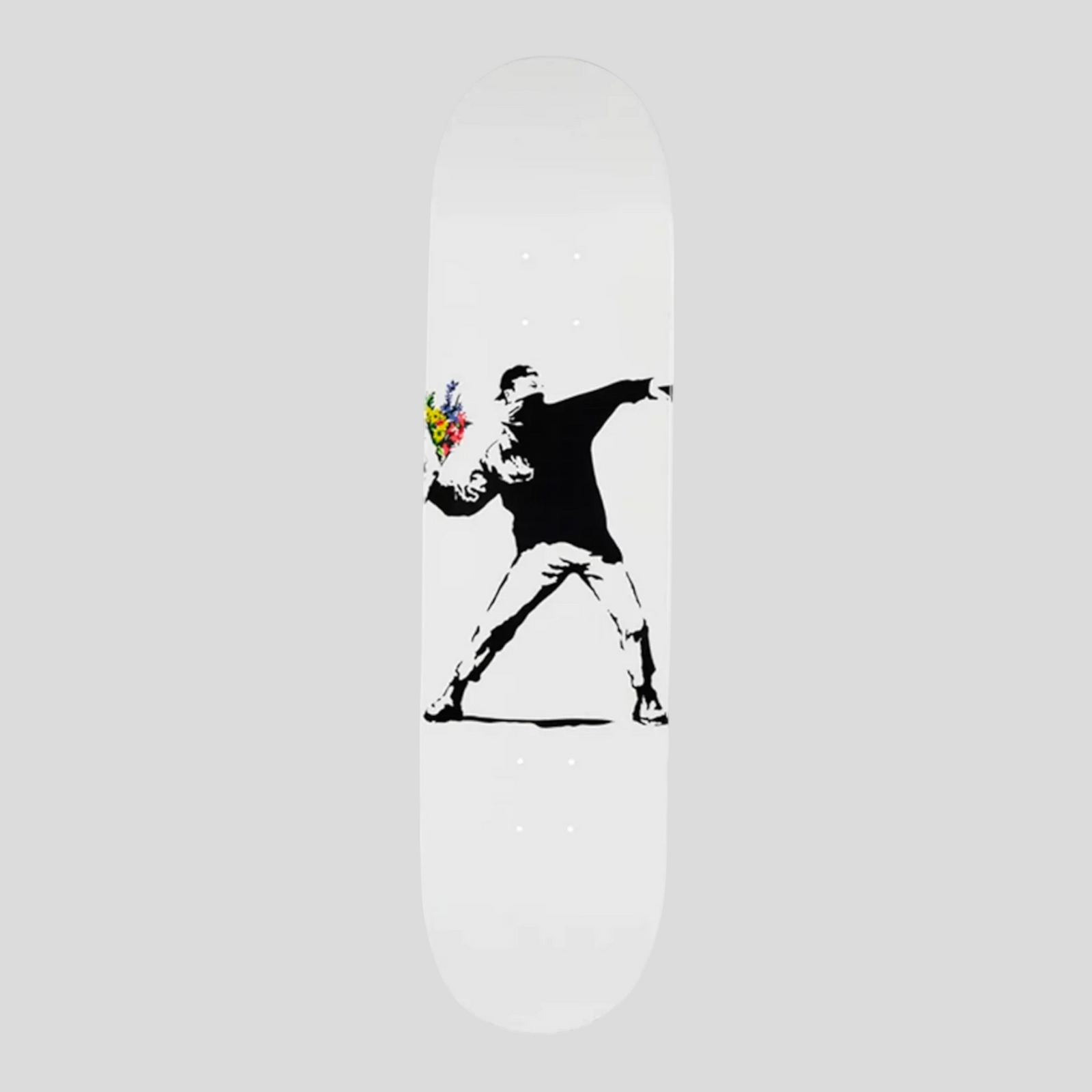 CLB XXIII Banksy x Medicom Flower Bomber skate deck in white with black stencil art and colorful flower bouquet