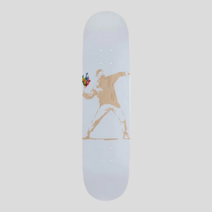 CLB XXIII Banksy x Medicom Flower Bomber skate deck in white with gold graphic art on a wooden board