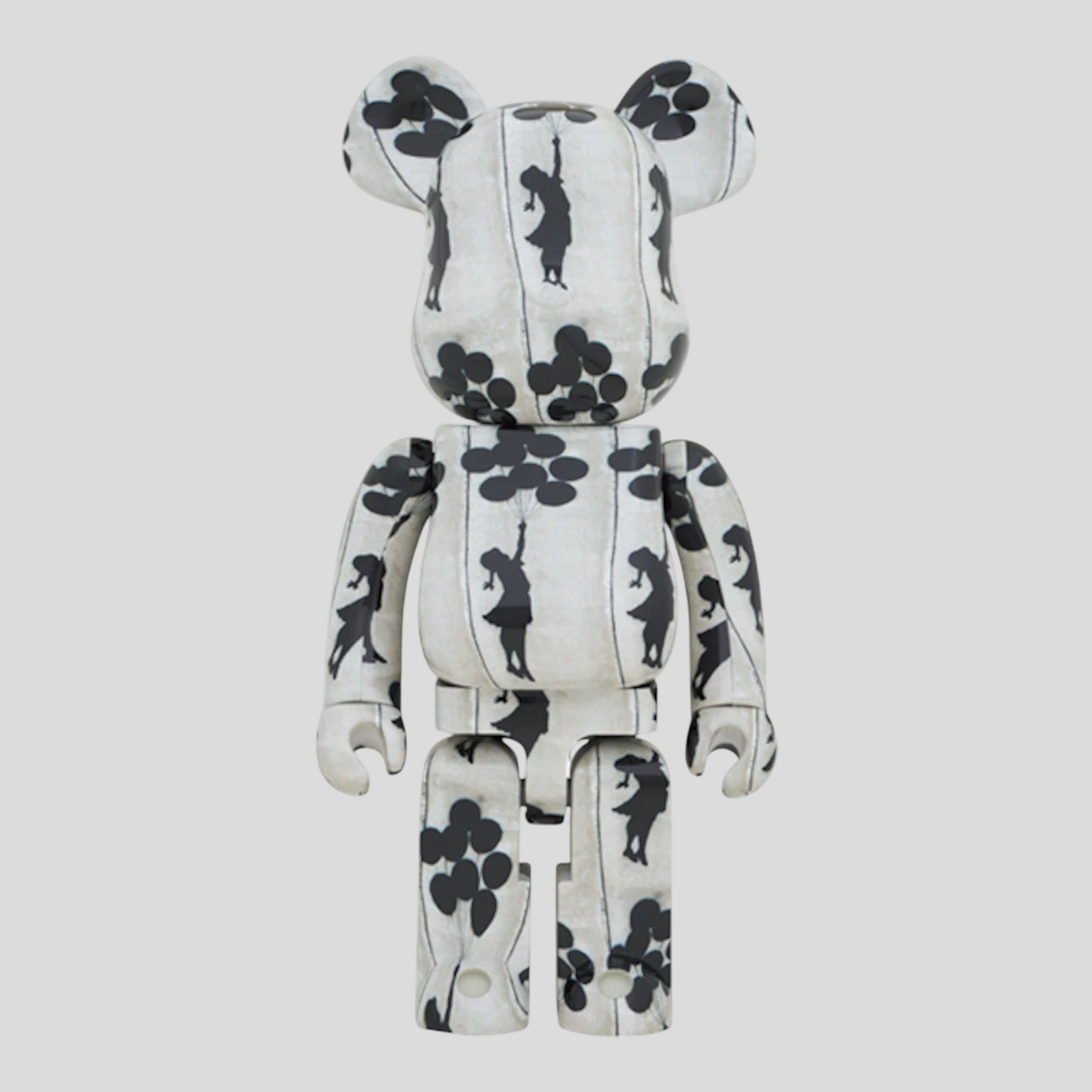CLB XXIII 1000% Bearbrick figure featuring the Banksy Flying Balloons Girl design in black and white