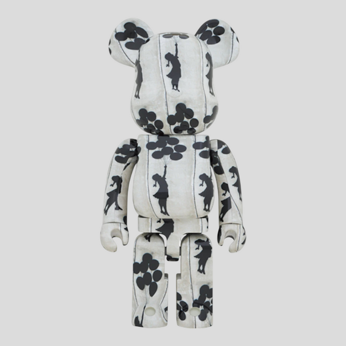 CLB XXIII 1000% Bearbrick figure featuring the Banksy Flying Balloons Girl design in black and white