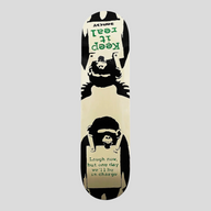 CLB XXIII Banksy Laugh Now skateboard deck featuring a black and white monkey graphic with green text on a cream base.