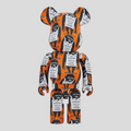 CLB XXIII 1000% Bearbrick Banksy Monkey Sign figure in orange, white, and black with iconic monkey graphic print.