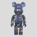 CLB XXIII 1000% Bearbrick Jean-Michel Basquiat #7 figure featuring vibrant blue and multi-colored abstract art prints