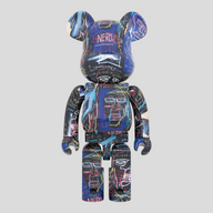 CLB XXIII 1000% Bearbrick Jean-Michel Basquiat #7 figure featuring vibrant blue and multi-colored abstract art prints