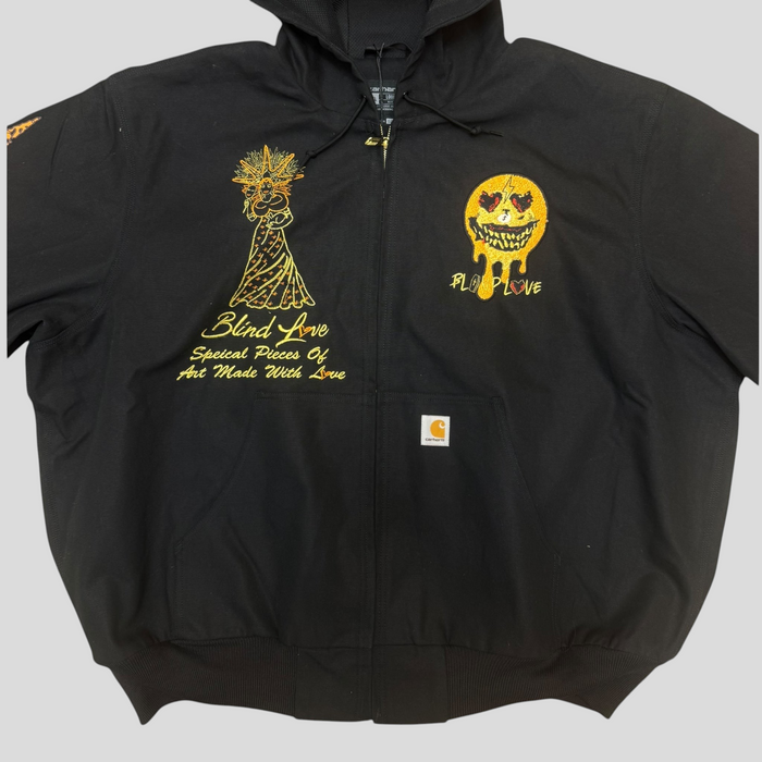 CLB XXIII black Carhartt zip-up hoodie featuring yellow and orange Blind Love embroidery and patchwork designs.