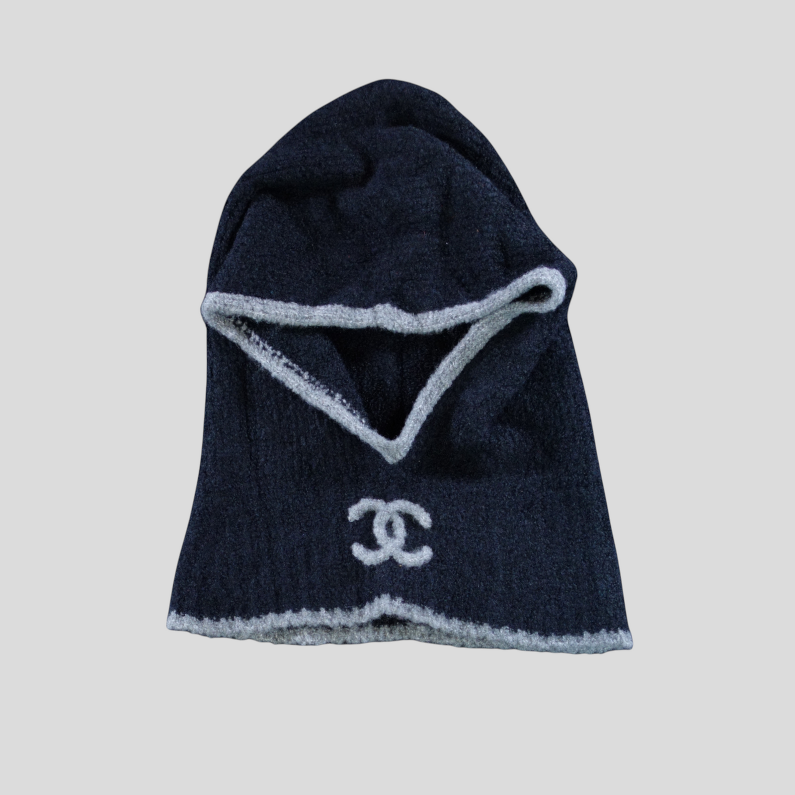 CLB XXIII black cashmere and silk blend balaclava featuring a white interlocking CC logo and ribbed trim detail.