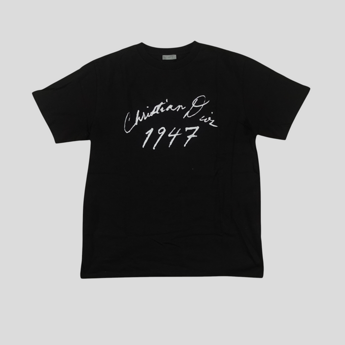 CLB XXIII black 100% cotton Christian Dior 1947 t-shirt with white script logo graphic