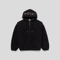 CLB XXIII black fleece zip-up hoodie featuring a studded Celine logo on the hood and a drawstring closure.