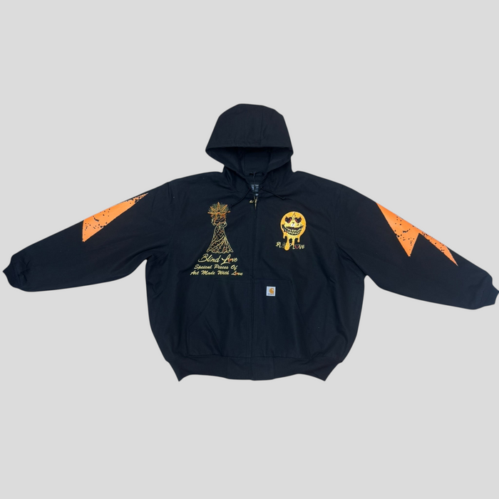 CLB XXIII black Carhartt jacket featuring orange patchwork sleeves and custom Blind Love embroidery and smiley graphic