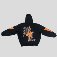 CLB XXIII Blind Love black hooded Carhartt jacket featuring orange patchwork embroidery and graphic back design