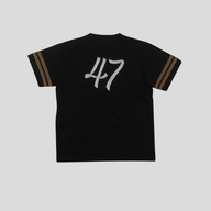 CLB XXIII black cotton t-shirt featuring metallic ribbon 47 logo and striped sleeves