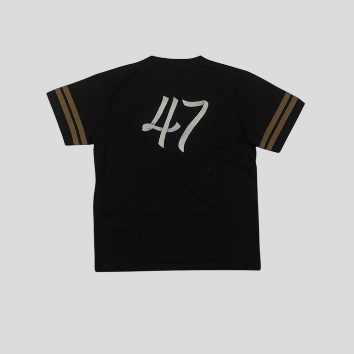CLB XXIII black cotton t-shirt featuring metallic ribbon 47 logo and striped sleeves