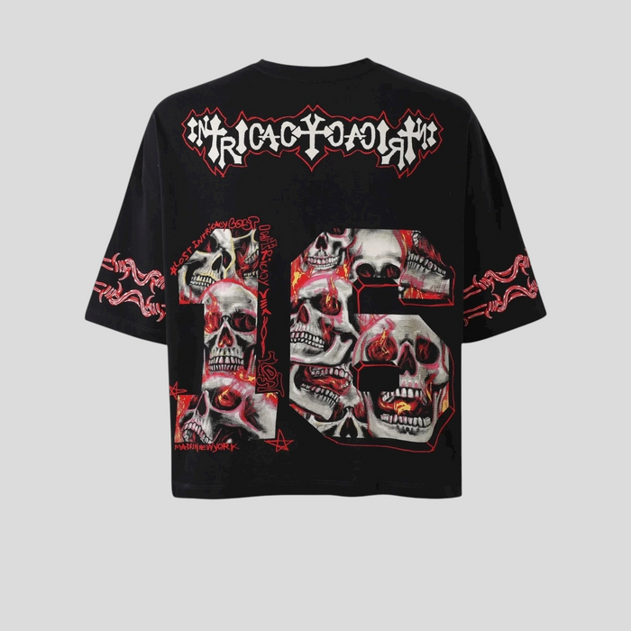 CLB XXIII black cotton football jersey featuring a large skull graphic print and embroidered patch details