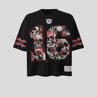CLB XXIII black cotton football jersey featuring a large skull graphic print, embroidered patch, and barbed wire art.