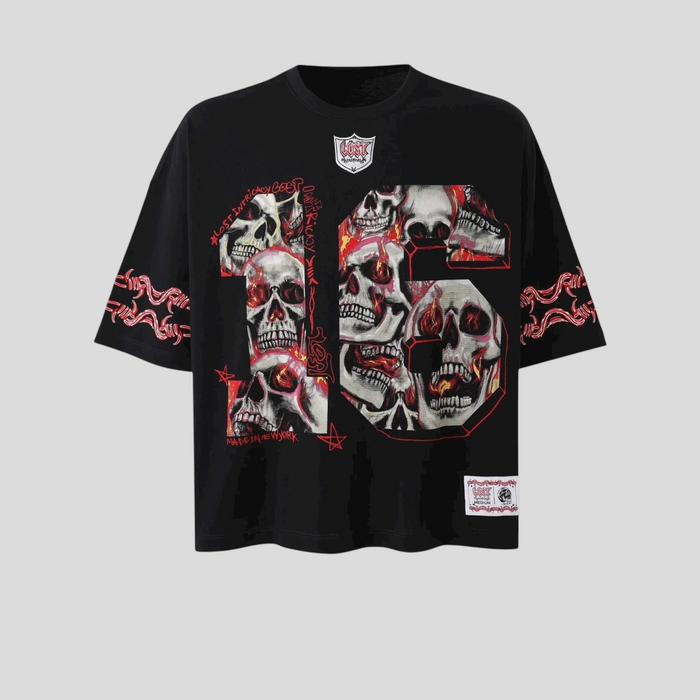 CLB XXIII black cotton football jersey featuring a large skull graphic print, embroidered patch, and barbed wire art.