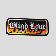 CLB XXIII Blind Love Forever rectangular embroidered patch with black background and vibrant orange flame design