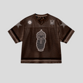 CLB XXIII Bravest Studio 911 brown mesh football jersey with graphic print, star details, and V-neck collar.