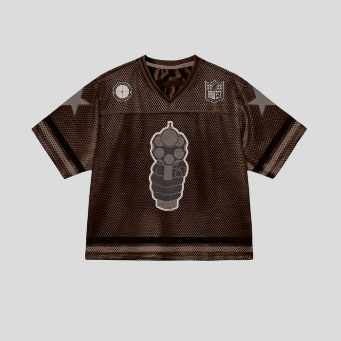 CLB XXIII Bravest Studio 911 brown mesh football jersey with graphic print, star details, and V-neck collar.