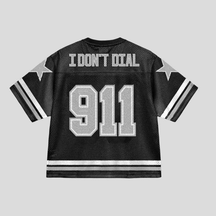 CLB XXIII Bravest Studios 911 football jersey in black mesh with white and grey star and number graphic details.