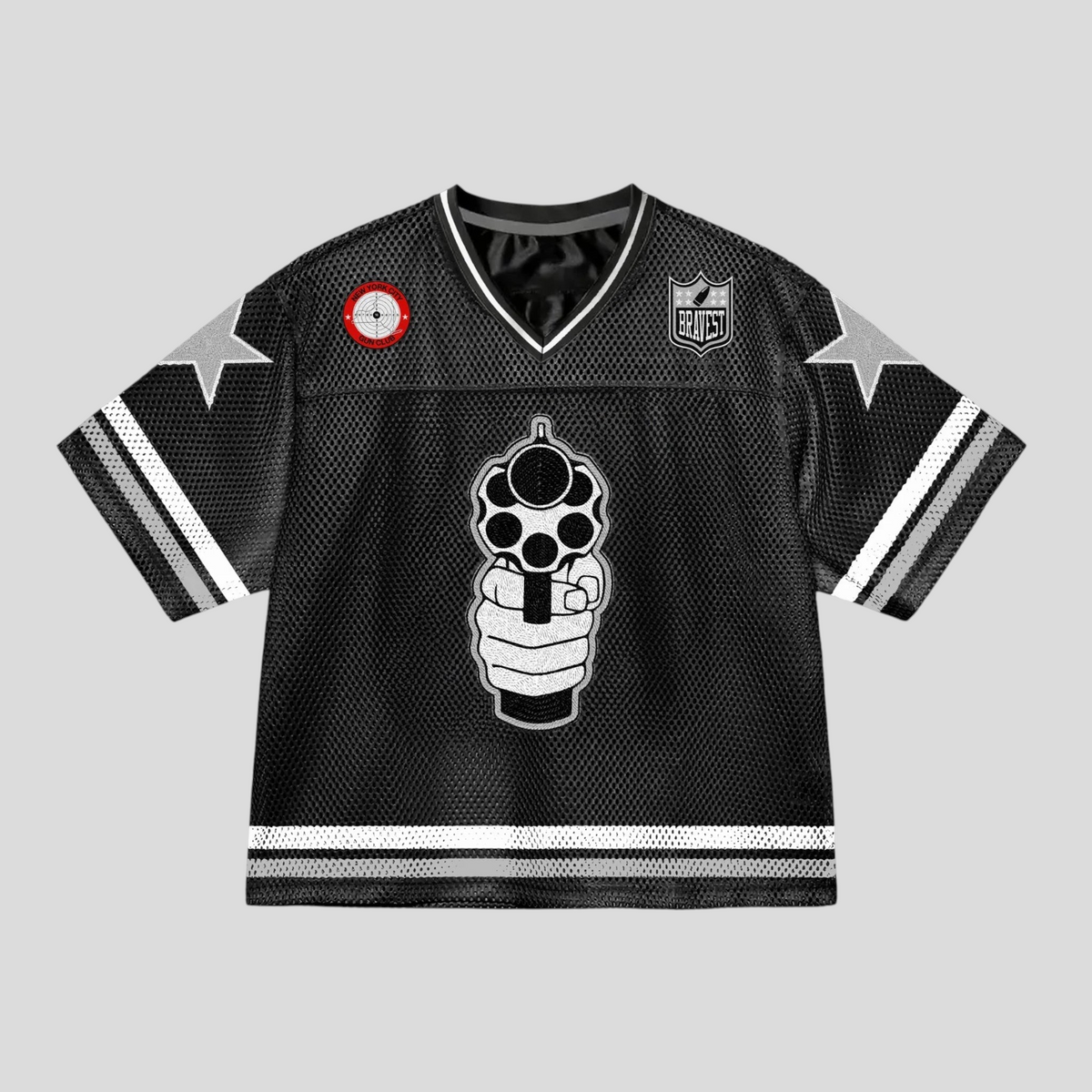 CLB XXIII Bravest Studios 911 black mesh football jersey featuring a graphic of a hand holding a revolver