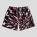 CLB XXIII Bravest Studios black mesh shorts featuring a pink and white lightning bolt pattern and white drawstring.