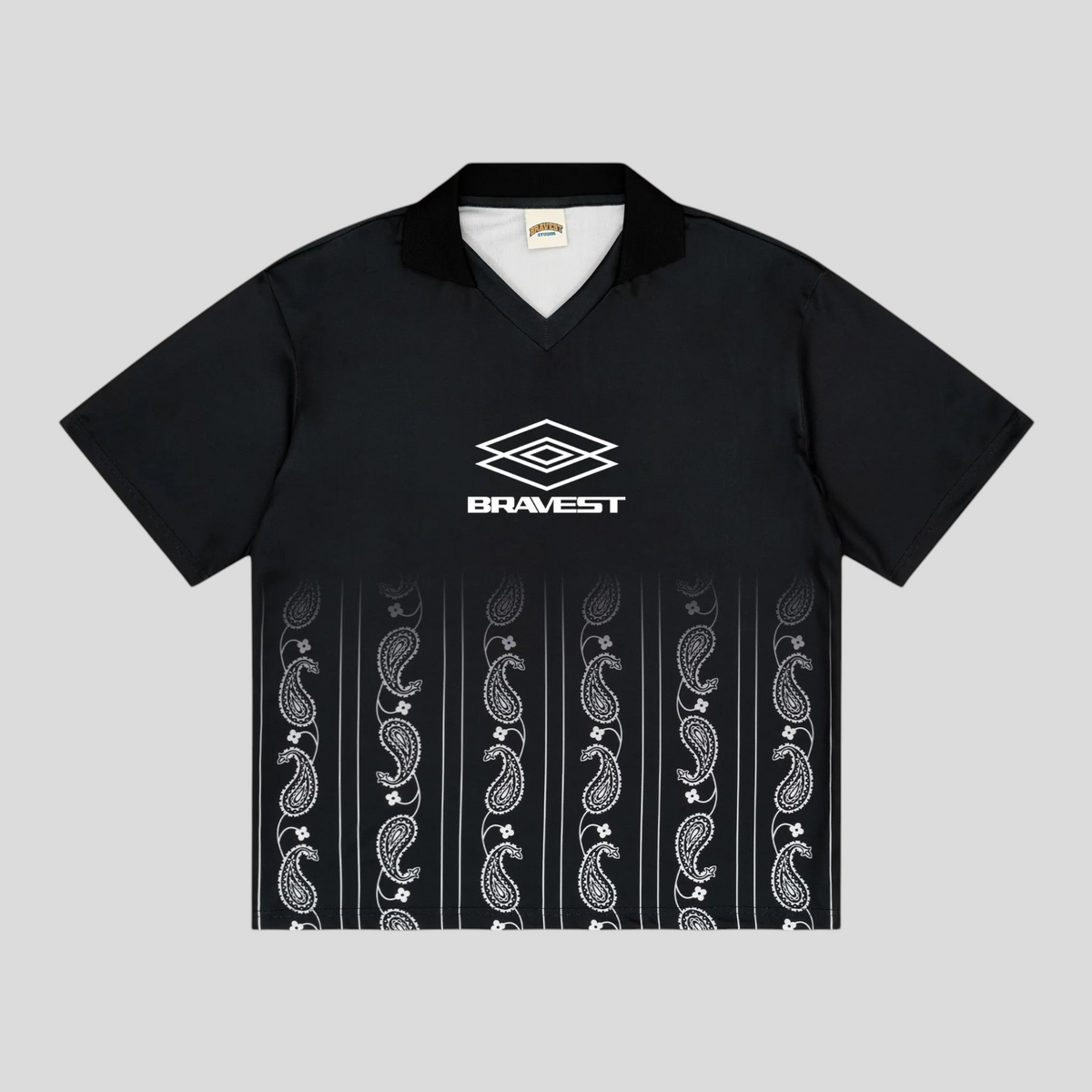 CLB XXIII Bravest Studios black polyester jersey with white paisley print and ribbed collar