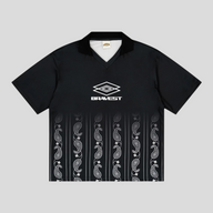 CLB XXIII Bravest Studios black polyester jersey with white paisley print and ribbed collar