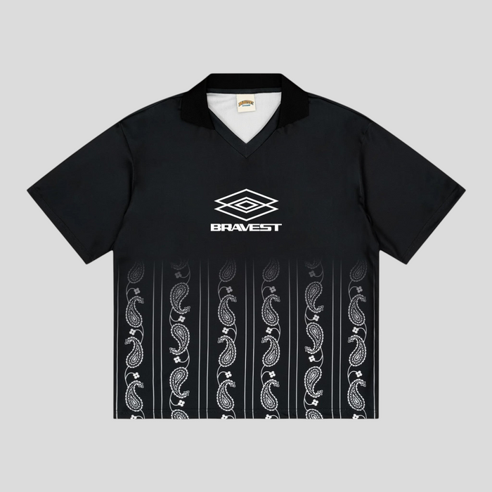 CLB XXIII Bravest Studios black polyester jersey with white paisley print and ribbed collar