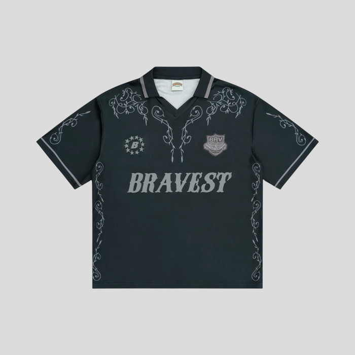 CLB XXIII Bravest Studios cobalt blue western-style jersey with silver filigree patterns and graphic branding.