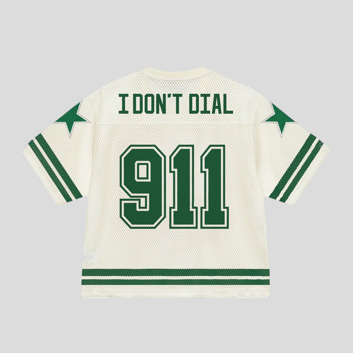 CLB XXIII Bravest Studios 911 football jersey in cream mesh with green text and star details on the back