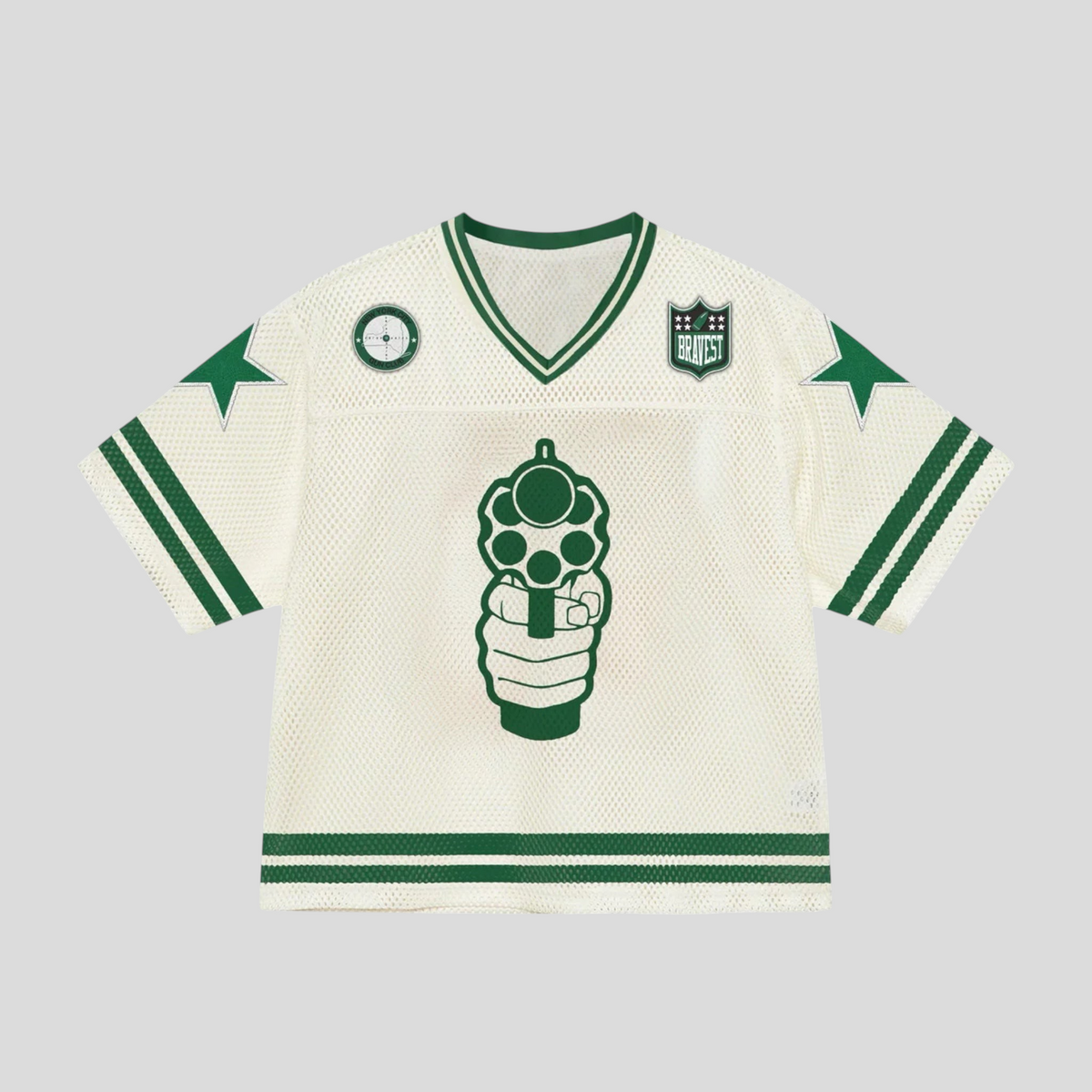 CLB XXIII Bravest Studios 911 football jersey in cream mesh with green graphic print and star sleeve details