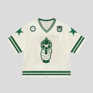 CLB XXIII Bravest Studios 911 football jersey in cream mesh with green graphic print and star sleeve details