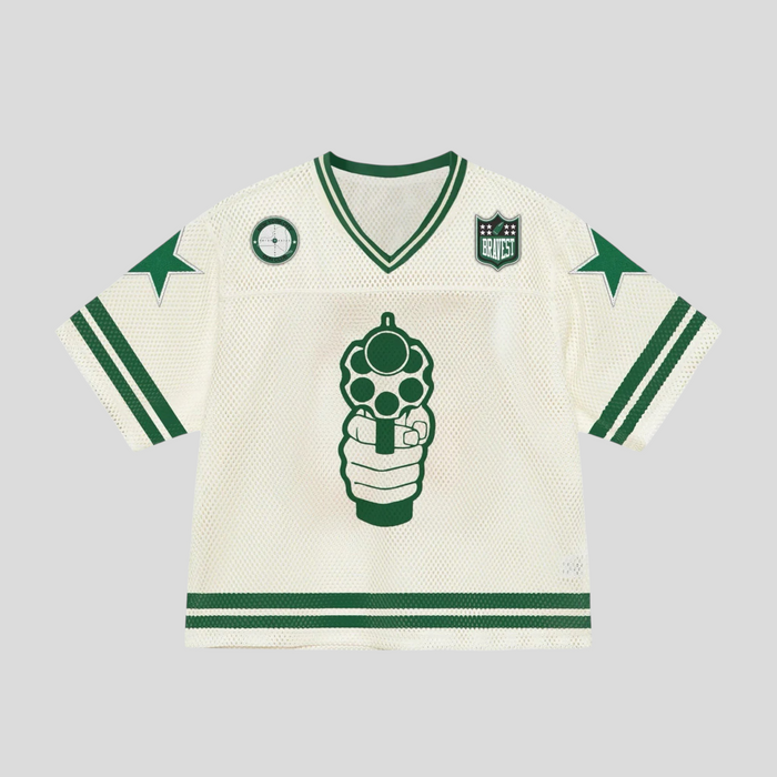 CLB XXIII Bravest Studios 911 football jersey in cream mesh with green graphic print and star sleeve details